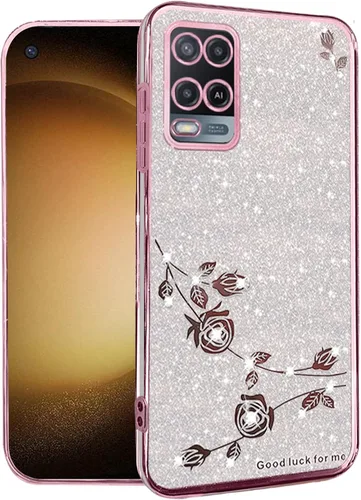 Vista 8 de Kainevy - Funda de teléfono para Oppo A54 4G, funda transparente con purpurina rosa floral para mujeres y niñas, bonita funda para teléfono Oppo