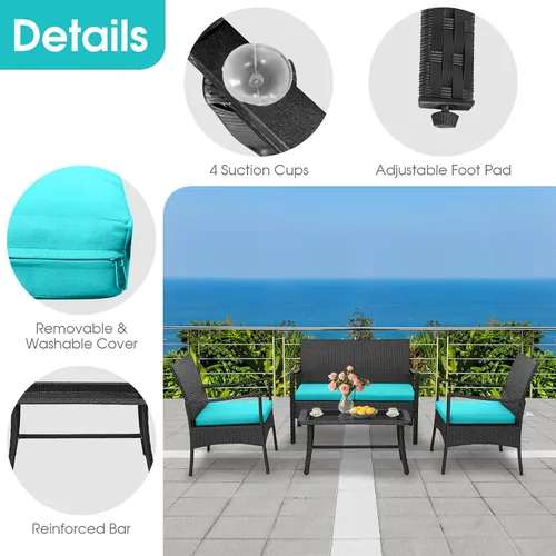 Vista 5 de HAPPYGRILL Juego de 4 muebles de mimbre para patio, juego de conversación de mimbre de polietileno, sofá de ratán con cojines, mesa de centro