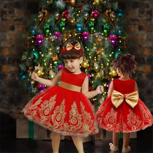 Vista 6 de 3M-6T - Vestido de encaje con lazo para niñas pequeñas, vestido de bordado con gorro