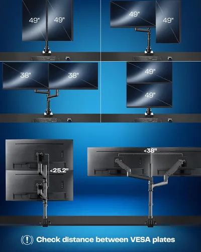 Vista 4 de VIVO Soporte de escritorio extra alto para monitor ultraancho doble con brazo neumático para pantallas de hasta 49 pulgadas, abrazadera resistente