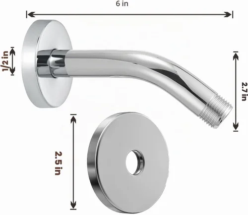 Vista 4 de Brazo de ducha Voolan con brida y cinta de teflón, brazo de extensión de cabezal de ducha para baño con ducha fija, acero inoxidable sólido, montado