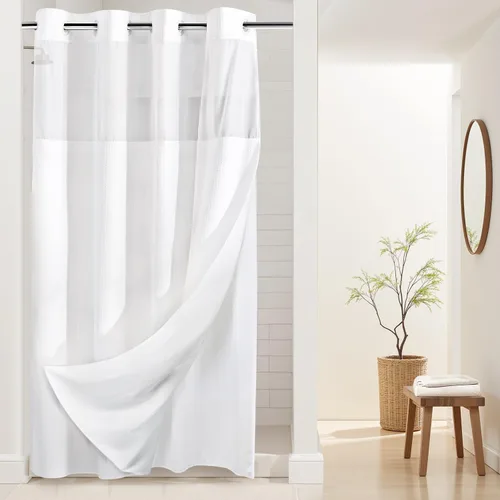 Vista 26 de Cortina de baño River Dream de gran peso sin ganchos necesarios con diseño de gofre punteado y forro a presión - 36W x 74H, de calidad hotelera