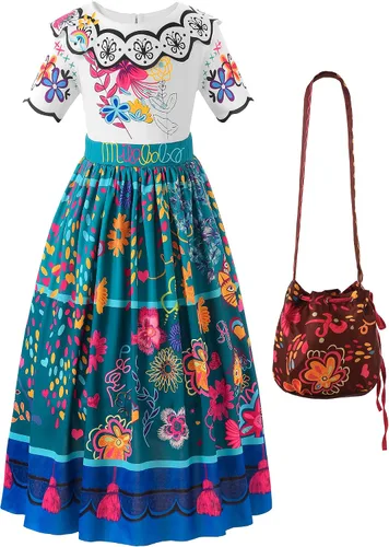 Vista 2 de Uhdear Disfraz de princesa Mirabel Isabella de Encanto para niñas, disfraz de princesa para Halloween, cosplay con bolsa