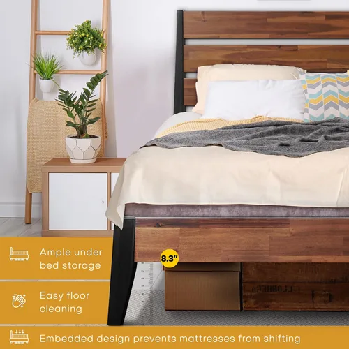 Vista 3 de Acacia Emery - Marco de cama con cabecero, cama de plataforma de madera 100% maciza, estilo de cama escandinavo con todos los colchones Americano