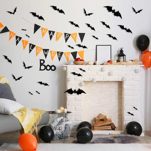 Vista 6 de Decoraciones de Halloween de murciélagos, 100 piezas de decoración de pared de murciélagos 3D, 6 tamaños de calcomanías de murciélago de PVC