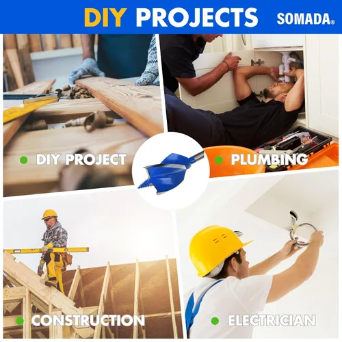Vista 5 de SOMADA Broca de taladro de 1-1/2 pulgadas x 6-1/2 pulgadas para madera, vástago hexagonal de cambio rápido de 1/4 pulgadas, broca larga de tres