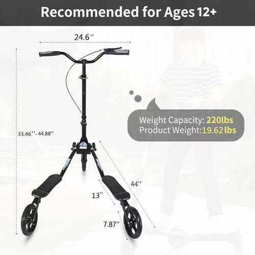 Vista 4 de Patinete plegable de 3 ruedas con mango ajustable para adolescente/hombre/mujer a partir de 12 años (máx. 220 libras)