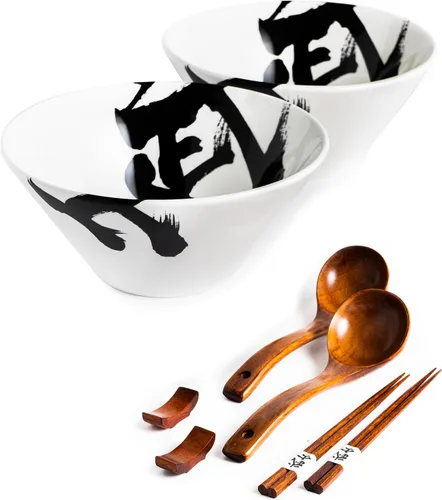 Vista 11 de BICETTO Juego de cuencos japoneses para ramen con gran diseño de ola, cuencos de cerámica grandes de 60 onzas, cucharas, palillos para ramen, Pho