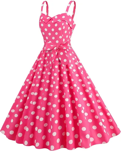 Vista 2 de ODASDO Vestido de cuadros rosa para mujer, estilo vintage, Rockabilly de los años 50, con tirantes delgados, acampanado, vestido midi para cóctel