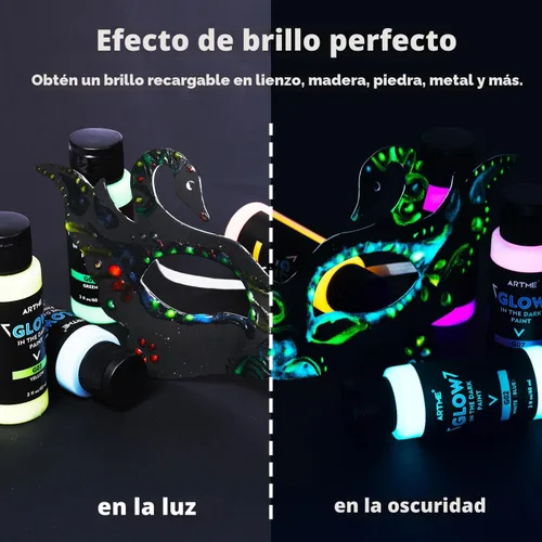 Vista 5 de ARTME Pintura que brilla en la oscuridad, juego de pintura de luz negra de 10 colores brillantes 60ml/2oz, pintura neón para manualidades, pintura