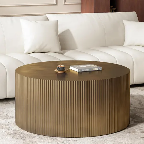 Vista 20 de Mesa de centro redonda de madera de 31.49 pulgadas con almacenamiento, mesa de centro circular acanalada de 2 niveles con tapa y estante para sala