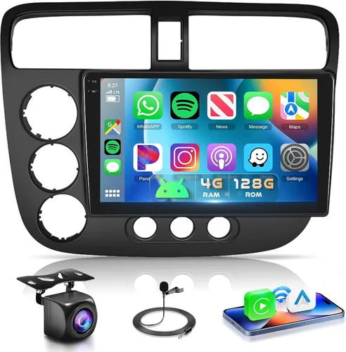 Vista 9 de Estéreo de coche para Honda Civic 2001 2002 2003 2004 2005 con Carplay Inalámbrico Android Auto MirrorLink 9 pulgadas 1280*720 P HD pantalla