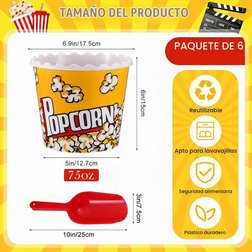 Vista 2 de Roshtia 6 recipientes de plástico para palomitas de maíz, cubos reutilizables, cajas de palomitas de maíz de 75 onzas, cuenco con cuchara