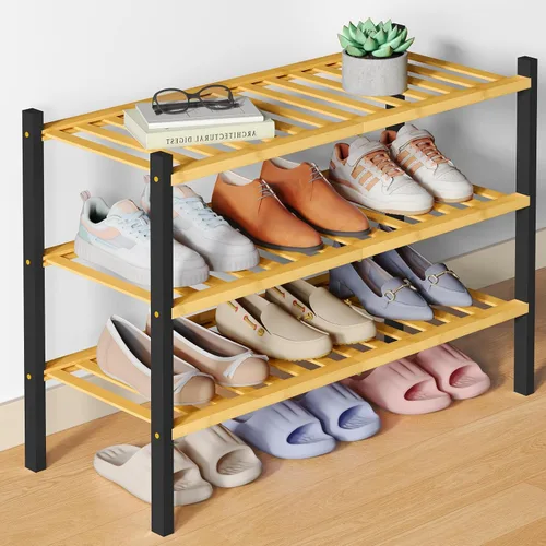 Vista 14 de Smiry Zapatero de bambú para armario, organizador de zapatos de madera de 3 niveles, estante apilable de almacenamiento de zapatos de madera