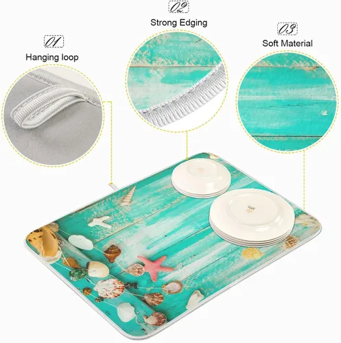 Vista 4 de Tapete absorbente para secado de platos para encimera de cocina, conchas verdes en la tabla de madera, almohadilla de secado de microfibra, 27