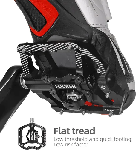 Vista 5 de FOOKER Pedales de bicicleta de montaña MTB, plataforma plana de 3 rodamientos, compatible con doble función sellada de aluminio sin clipless pedales