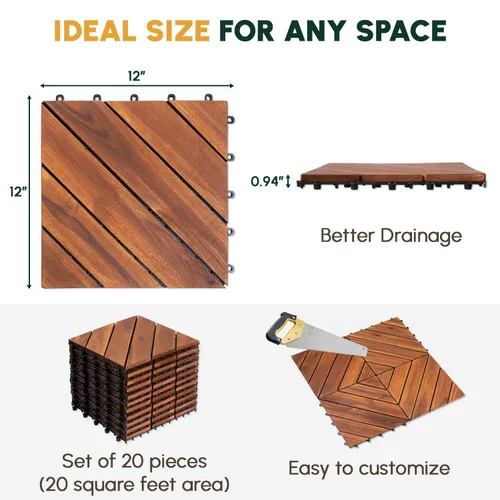 Vista 3 de BEEFURNI 10 azulejos entrelazados de 12 x 12 pulgadas, patrón diagonal, cubierta de madera de acacia impermeable para todo tipo de clima, patio