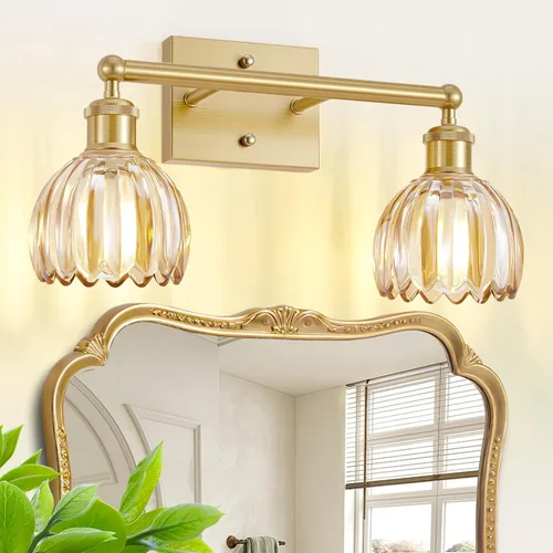 Vista 10 de Lámparas de baño vintage, 2 luces rústicas de tocador para baño, pasillo, luces de tocador de latón de 16.5 pulgadas, lámparas de tulipán