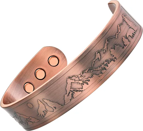Vista 2 de Willis Judd Pulsera de cobre para hombre Lobos aullando lobos con diseño de vida silvestre de luna llena, Cobre