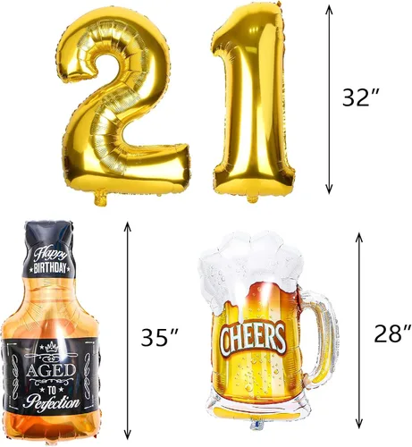 Vista 5 de 21st Birthday Anniversary Decorations for Men Women (Black Gold) Gold Foil Balloon, Cheers Cup Foil Balloon for Wedding Anniversary Party Supplies