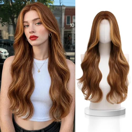 Vista 15 de VERNA - Peluca rubia con flequillo, peluca sintética de aspecto natural, rizada, ondulada de 26 pulgadas, resistente al calor, estilo de parte media