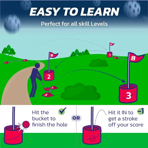 Vista 6 de bucketgolf Juego original de viaje de 3 agujeros con palos, juego de golf #1 para patio trasero y adultos y niños de todas las edades. Playa