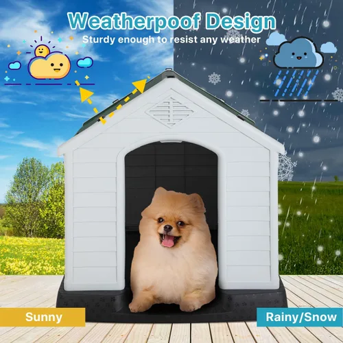 Vista 3 de Casa para perros para interiores y exteriores, impermeable, ventilada, de plástico, jaula de refugio para mascotas con ventilación y suelo elevado