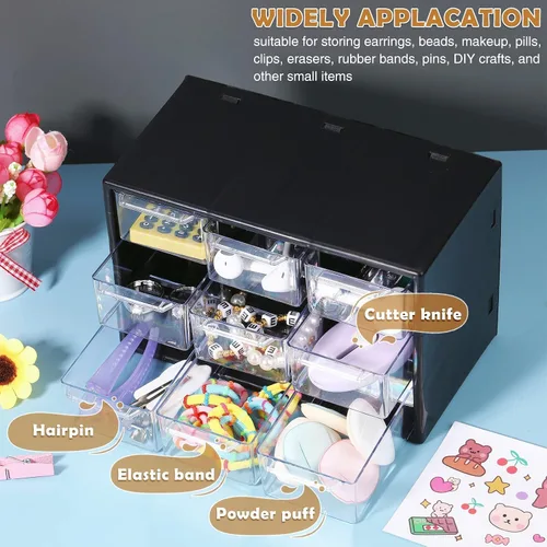 Vista 5 de Rtteri Mini organizador de cajones de plástico de 9 piezas, caja de almacenamiento de escritorio, organizador de manualidades con 9 cajones Negro