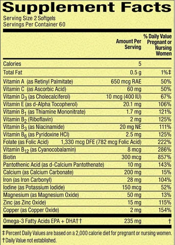 Vista 5 de Vitaminas prenatales para mujer, 120 mini cápsulas blandas multivitamínicas/multiminerales (paquete de 1), en caja por Fusion Shop Store