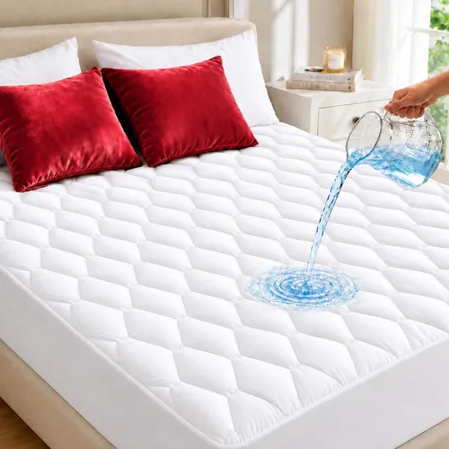 Vista 8 de Funda de colchón acolchada tamaño matrimonial, protector de colchón impermeable, bolsillo profundo elástico que se adapta a hasta 21 pulgadas