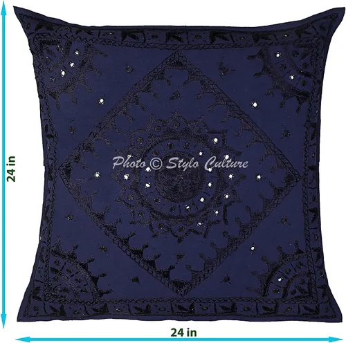 Vista 3 de Funda de almohada decorativa bohemia para sofá, 23.6 x 23.6 in, algodón, para dormitorio, azul oscuro, bordado, cuadrado, de lujo, sobre indio, 24 x