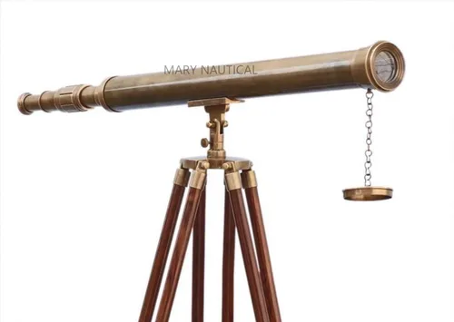 Vista 4 de Telescopio de latón de un solo barril acabado brillante telescopio de pie de madera marrón trípode vintage de alta ampliación trípode telescopio