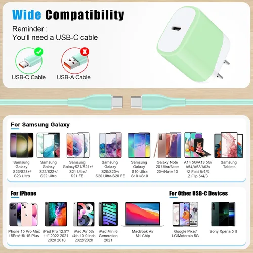 Vista 5 de Cargador rápido de iPhone 16e para iPhone 17 Air 16 Pro Max/16 Pro/16 Plus/16/15, iPad Pro Air Mini, cable de carga USB C a C de 6 pies para Samsung