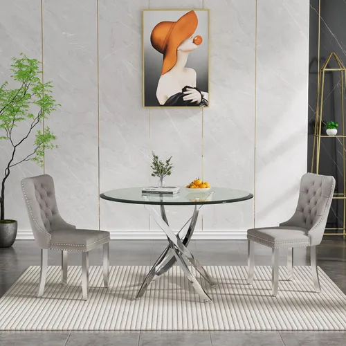 Vista 63 de Juego de mesa de comedor SSLine moderno de 3 piezas con mesa redonda de vidrio para 2, lujosa mesa de comedor circular de 36" con tapa de vidrio