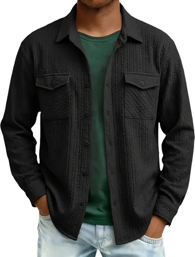 Vista 12 de Camisas con botones para hombre, casual, de manga larga, con cuello jacquard, texturizada, ligera, sobrecamisa, sobrecamisa