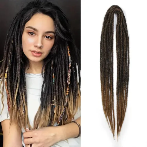 Vista 55 de Extensiones de rastas trenzadas bohemias de 24 pulgadas, 10 hebras de rastas sintéticas rizadas color marrón degradado con trenza de caja, rastas