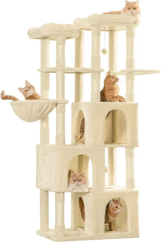 Vista 12 de MWPO Árbol grande para gatos de interior, torre de gatos de 63 pulgadas con 3 condominios para gatos, postes rascadores, pedestales acolchados, Beige