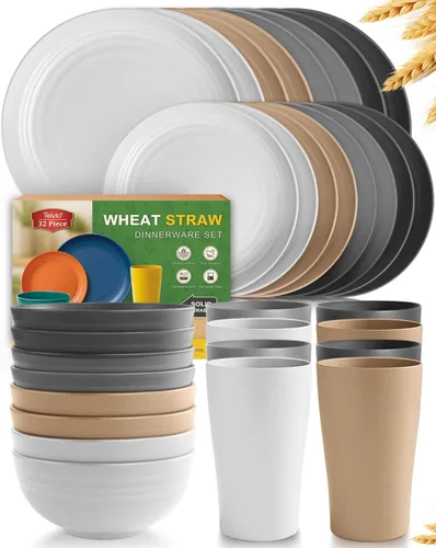 Vista 30 de Teivio Juego de vajilla de plástico de paja de trigo de 32 piezas para cocina, servicio para 8, platos, cuencos y tazas irrompibles, vajilla