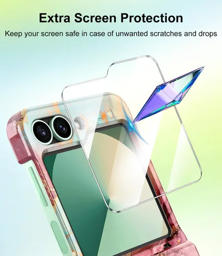 Vista 3 de Btscase Funda para Samsung Galaxy Z Flip 6, protector de pantalla frontal integrado, patrón de mármol dorado con purpurina de policarbonato duro