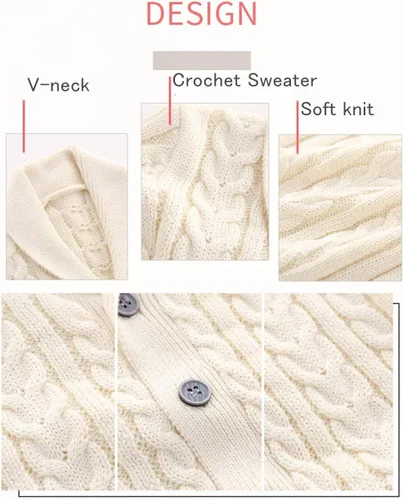 Vista 5 de Feidoog - Chamarra de punto con botones para bebés, suéter de ganchillo con cuello en V, suéter de punto para niños pequeños, patrón de punto