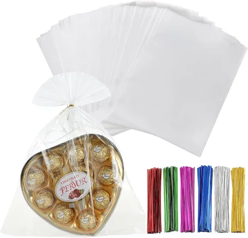 Vista 15 de 200 bolsas de celofán planas de celofán de 4 x 9 pulgadas, transparentes y gruesas, con lazos torcidos de 6 colores, embalaje, galletas, dulces
