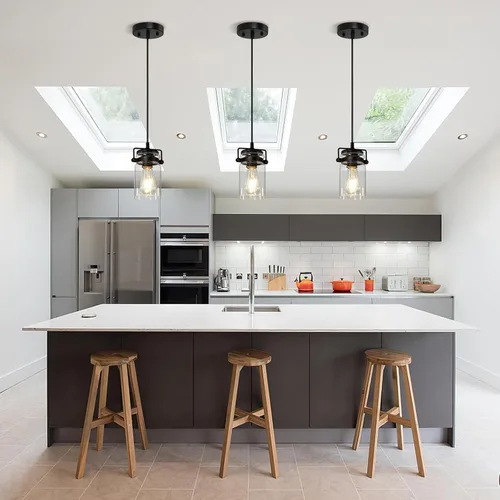 Vista 15 de Iluminación colgante para isla de cocina, lámpara colgante de cristal moderna lineal para comedor, 1 luz, lámpara colgante industrial para techo