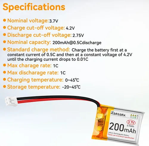Vista 4 de Batería Lipo de 3.7 V 200 mAh 502025 Batería recargable de polímero de litio con conector Micro JST 2.0 Circuito de protección integrado