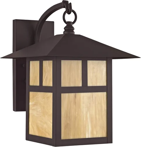 Vista 2 de Livex Lighting 2133-07 Montclair Mission - Farol de pared de latón macizo con acabado de bronce para exteriores con vidrio Tiffany iridiscente