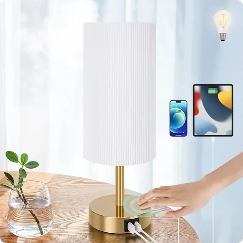 Vista 16 de Lámpara de escritorio Yarra-Decor con puerto USB, lámpara de mesa con control táctil de 3 niveles de brillo, lámpara de mesita redonda con pantalla