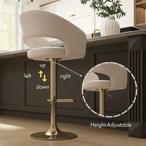 Vista 4 de Hyfirm Juego de 2 modernas sillas de bar de cocina con base cromada dorada, taburetes de bar giratorios ajustables con respaldo y reposapiés