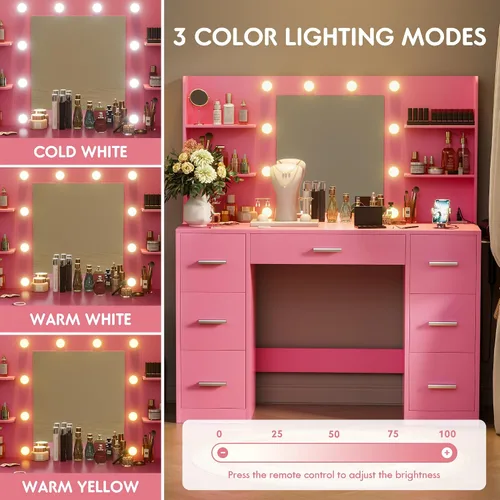 Vista 4 de VICTONE Escritorio de tocador con espejo iluminado LED y toma de corriente, 3 modelos de luces, mesa de tocador de maquillaje con 7 cajones y 6