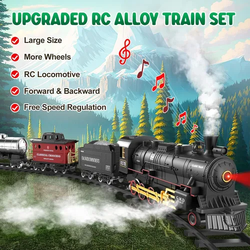Vista 3 de Hot Bee Juego de tren para niños, juguetes de tren de aleación a control remoto con locomotora de vapor, vagones de carga, vías, trenes con luces