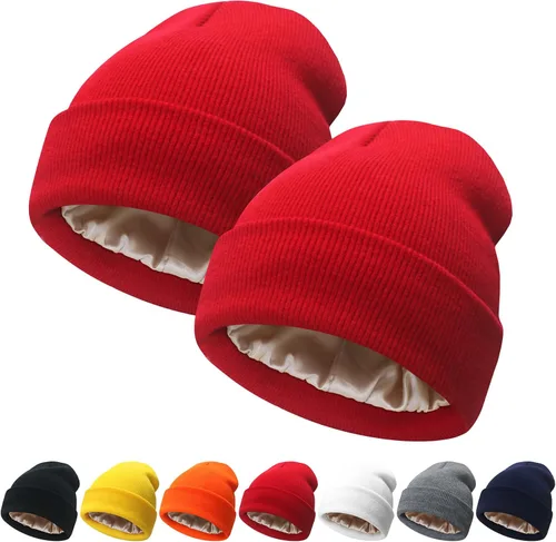 Vista 13 de NPQQUAN 2 PCS Satin Lined Beanie for Women Silk Lined Beanies Winter Warm Soft Lining Cuffed Knit Beanie Hats for Women