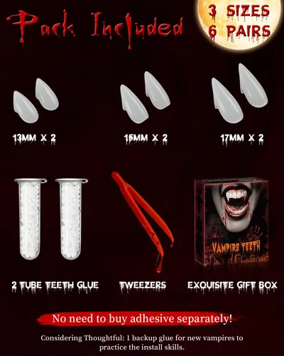 Vista 5 de 6 pares de colmillos de dientes de vampiro para niños y adultos